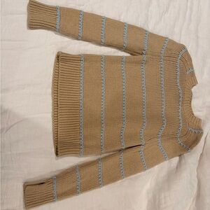 Madewell Women's Tan Crewneck Sweater with Light Blue Stripes